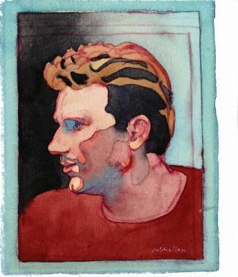 Original Art depicts: Sketch portrait of Joe Montana, who is in a side profile looking to the left wearing a red shirt. 