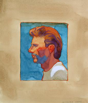 Original Art depicts: Profile portrait of Joe Montana wearing a white shirt and facing left with a blue background.