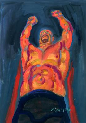 Original Art depicts: Worm's eye view of a shirtless Steve Austin with his arms above his head and in blue jeans. The illustration has bright colors and is slightly abstract.