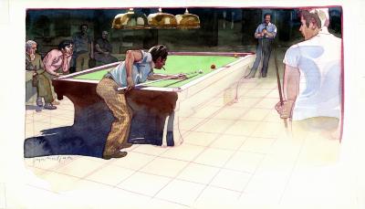 Original Art depicts: Three quarters back view of a man playing pool and lining up a shot in the foreground. There are several onlookers on both sides of the pool table and a man at the end standing and holding a pool stick waiting for the first man to take his shot.