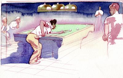 Original Art depicts: Illustration of a man lining up a shot at a pool table with his back to the viewer. There are several men gathered on either side of the pool table with one man in the background in a front view standing and holding a pool stick.