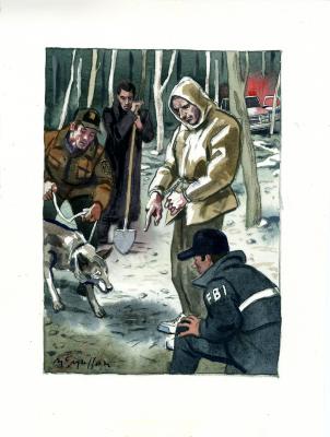 Original Art depicts: A man in handcuffs points at the ground in the woods with several FBI agents around him, one holding a shovel, and one holding a dog on a leash that is looking towards the spot the man pointed. There is a police car in the right corner of the illustration.
