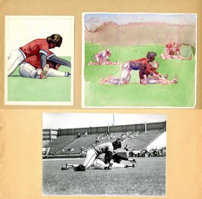 Original Art, Photographic Materials depicts: Illustration on the left of two men in baseball uniforms sitting down with one man leaning over the other man to help him stretch with a reference photo of the same scene on the bottom of the image. The illustration on the right depicts several pairs of men on a baseball field each helping their partner stretch like in the first illustration.