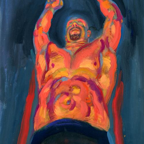 Original Art depicts: Worm's eye view of a shirtless Steve Austin with his arms above his head and in blue jeans. The illustration has bright colors and is slightly abstract.