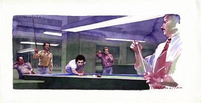 Original Art depicts: Man bent over a pool table in a front view lining up a shot. There is a man in the background waving a pool stick and a man in the foreground cleaning the tip of his pool stick in a three quarters view on the right side of the image.
