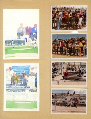 Original Art, Photographic Materials depicts: The left side of the image has two illustrations of people on bleachers looking at baseball players in a baseball field. The right side of the image has four photographs of different people sitting on bleachers.