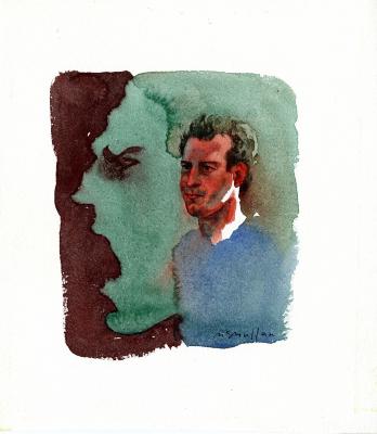 Original Art depicts: Medium shot three quarters portrait of John McEnroe to the right of the image wearing a blue sweater.  The teal and maroon background resembles the profile of a shouting man.