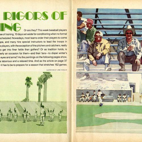 Serial Publications depicts: Illustration on the left of many men in baseball uniforms stretching in a field. The illustration on the right has several old men on the bleachers smiling and below several men playing baseball on a baseball field.