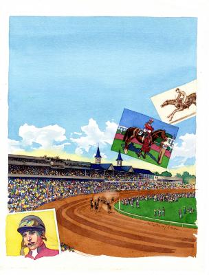 Original Art depicts: Birds eye view of a horse race with the track and the horses on the right and the audience stadium on the left. There are several photographs cut in, one of a portrait of a woman jockey on the bottom left, one of a jockey on a standing horse in profile in the middle right, and one of a jockey on a running horse above that one.