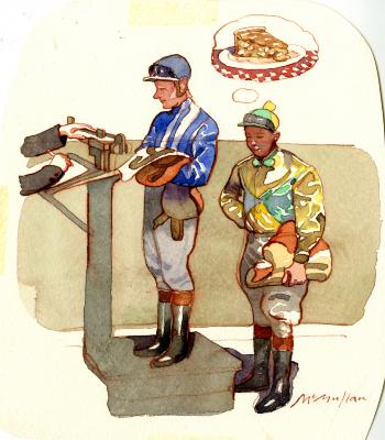 Original Art depicts: Two Jockeys being weighed with one on the scale dressed in blue and a pair of arms writing down the weight to the left. The jockey behind on the right is dressed in yellow and has a thought bubble above him with a piece of pie in it.