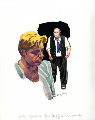 Original Art depicts: Front full bodied view of a man in a vest and slacks with his fists at his sides and an angry expression on his face. To the left in the foreground there is a bust three-quarters views of a young man with blonde hair looking to the right.