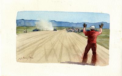 Original Art depicts: Illustration of a back view of a man in red in the road to the right of the image holding his arms up. In the distance there are many people crowded along the road and several cars in the road, with mountains in the distance.