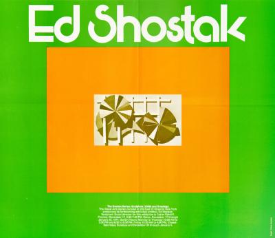 Posters depicts: Orange rectangle on green background, with pinwheel shapes on trellis in the center