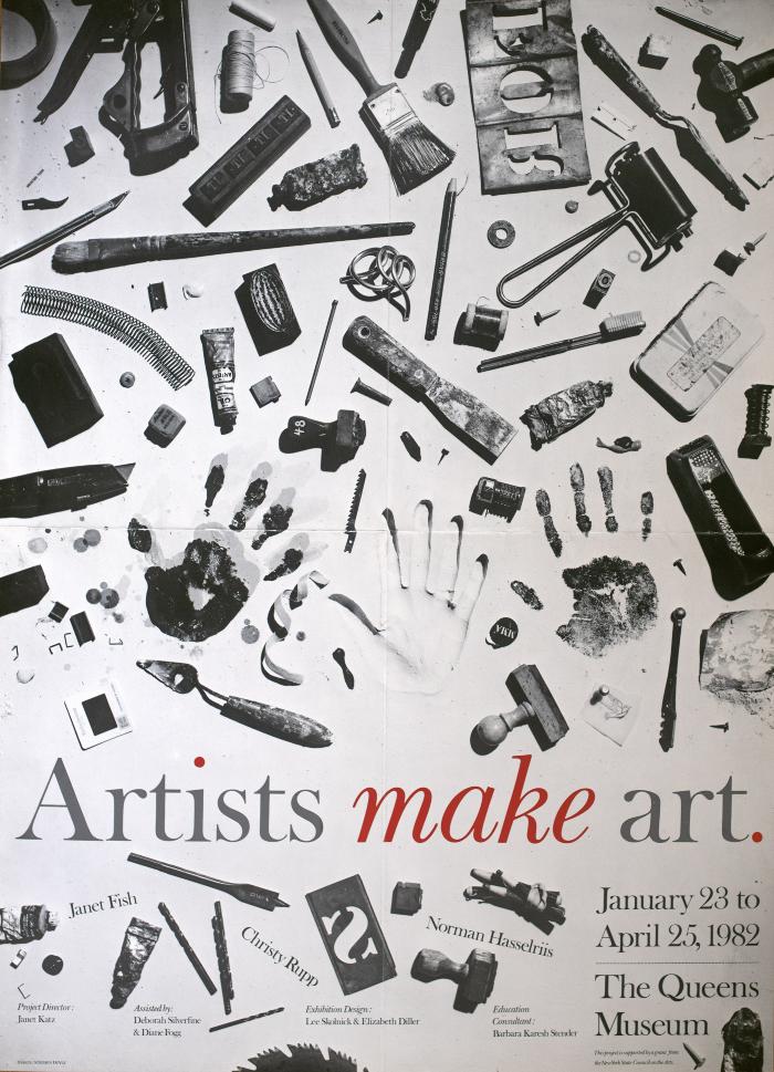 Posters depicts: Large variety of artist's tools spread out across a white background  