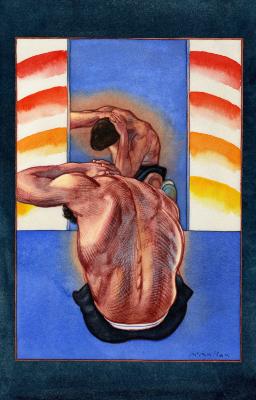 Original Art depicts: Illustration of a the back view of man sitting in front of a mirror doing sit-ups with his hands on his neck.