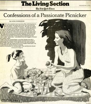Clippings/Tearsheets depicts: Greyscale illustration of a girl on the left and a woman on the right sit on a picnic blanket with sandwiches, drinks, and fruit surrounding them. The girl has a ponytail and the woman is holding out a piece of fruit, with text on the left and a headline on top.