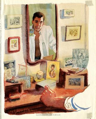 Serial Publications depicts: Middle aged man's front view reflection can be seen in a dresser mirror with many pictures of a child during different life events on the dresser. A baseball, a watch, and a comb also sit on the dresser.
