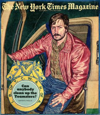 Original Art depicts: Teamster in red jacket getting out of the drivers seat of his beige truck.
