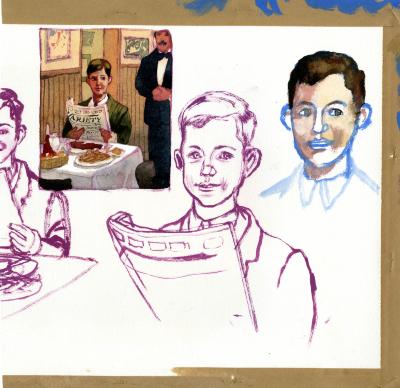 Original Art depicts: An illustration in the upper left corner of a young Frank Rich in a green suit is seated at a table in a restaurant reading a Variety newspaper with a waiter standing next to him. The rest of the image three sketches of young Frank Rich.