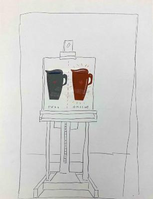 Original Art, Posters depicts: pencil sketch of easel with cut paper pitchers.