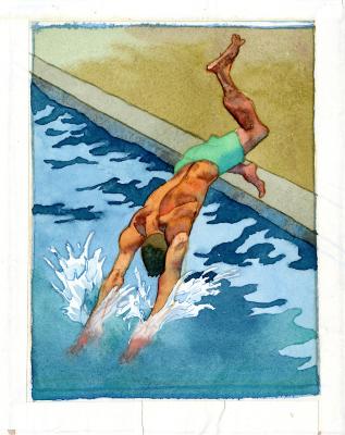 Original Art depicts: Sketch of man in bathing suit diving into a pool. The man has his arms already in the water and his legs have just lifted off from the pool edge.