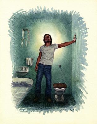 Original Art depicts: Charles Manson in a white t-shirt and jeans leans on the wall his blue prison cell. He is standing between the cot and the toilet.