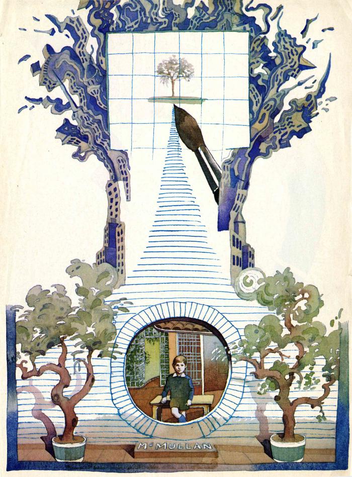 Serial Publications depicts: Illustration of two shrubs framing a circular cutout of a boy standing in a living room. Above it is buildings painted in the shape of a tree with a giant paintbrush painting a tree in a square cutout in the center.