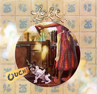 Album Covers depicts: Circular vignette of a woman in an apron and slippers in a kitchen taking the lid off an overflowing pot. The excess water on the lid is dripping off and burning a dog, who is saying the record's title. The outside of the vignette has kitchen tiles on it and the band's name written in water.