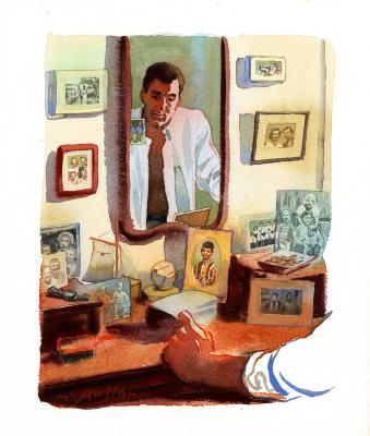 Original Art depicts: Illustration. Middle aged man's front view reflection can be seen in a dresser mirror with many pictures of a child during different life events on the dresser. A baseball, a watch, and a comb also sit on the dresser.