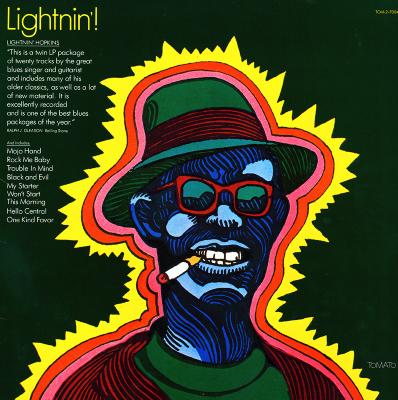 Album Covers depicts: Drawing of Lightning Hopkins wearing red glasses and smoking a cigarette. His portrait is outlined by yellow lightning.