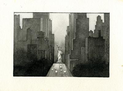 Original Art depicts: Greyscale image of large buildings and a road leading the eye to the center of the drawing where the Statue of Liberty is.