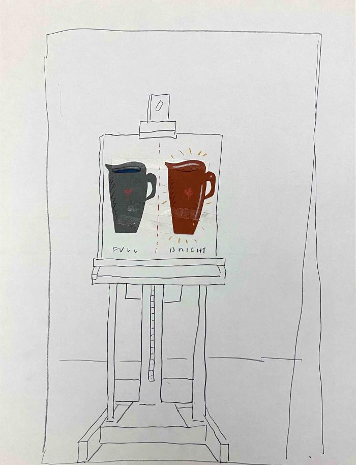 Original Art, Posters depicts: pencil sketch of easel with cut paper pitchers.