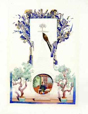 Original Art depicts: Illustration of two shrubs framing a circular cutout of a boy standing in a living room. Above it is buildings painted in the shape of a tree with a giant paintbrush painting a tree in a square cutout in the center.