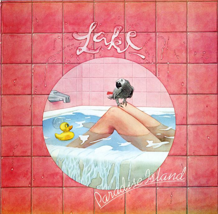 Album Covers depicts: Circular vignette of  a grey parrot perched on legs in an overflowing bathtub with a rubber ducky in it. The vignette is framed by bathroom tiles and the band's name written in water.