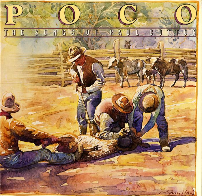 Album Covers depicts: An illustration of four men holding down and branding a calf, as two cows and a calf watch in the distance. Behind them is a fence with a horse peaking over the top.