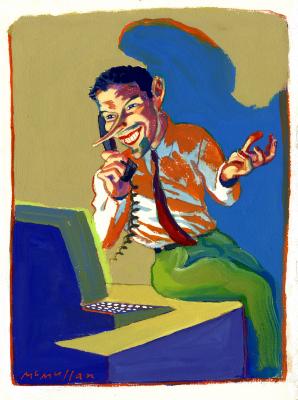 Original Art depicts: Illustration of a businessman with a very long nose sitting on top of his desk, talking casually on the phone. He is staring at the computer on his desk, which is the only source of light, so it casts a shadow on the wall behind him.