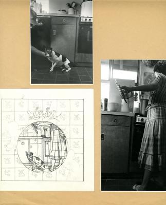 Original Art, Photographic Materials depicts: Two photos, one of a dog and one of a woman taking the lid off a pot. There is a sketch of an album cover of the two photos combined in a circular vignette.
