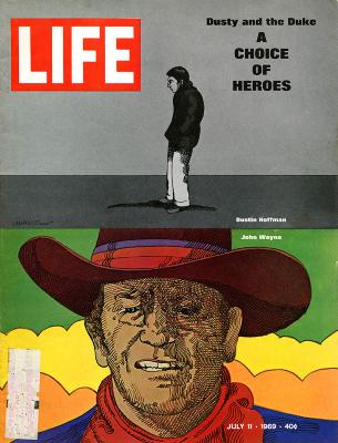 Serial Publications depicts: Black and white drawing of slumping Dustin Hoffman in the Graduate film and a color illustration of John Wayne close-up in a cowboy hat