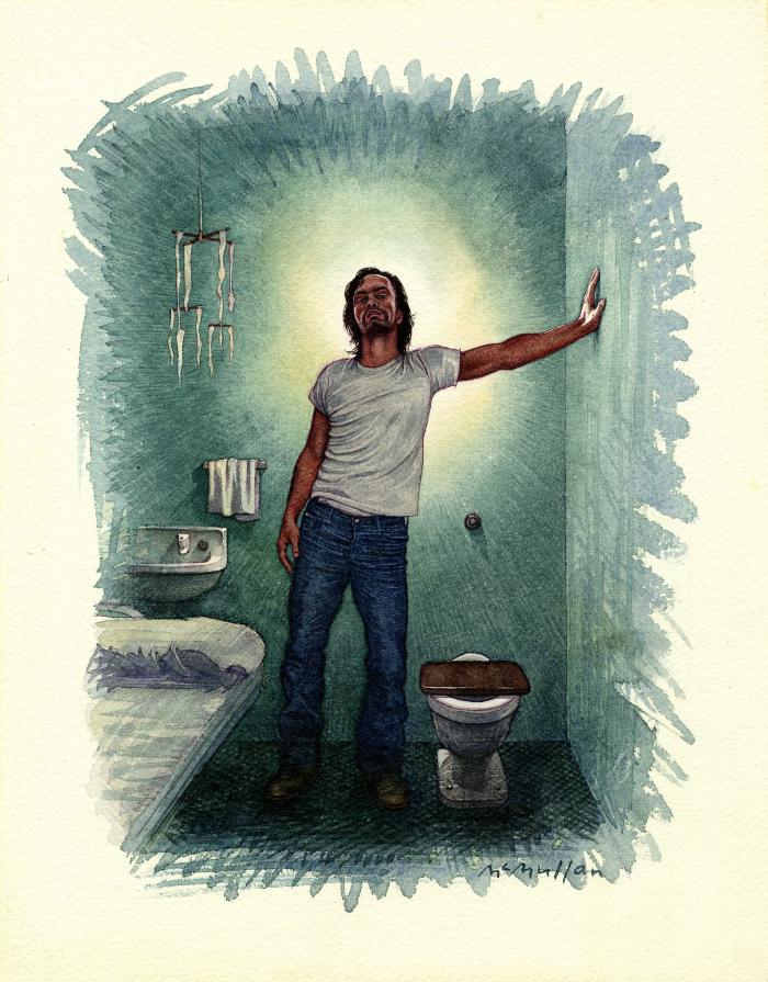 Original Art depicts: Charles Manson in a white t-shirt and jeans leans on the wall his blue prison cell. He is standing between the cot and the toilet.