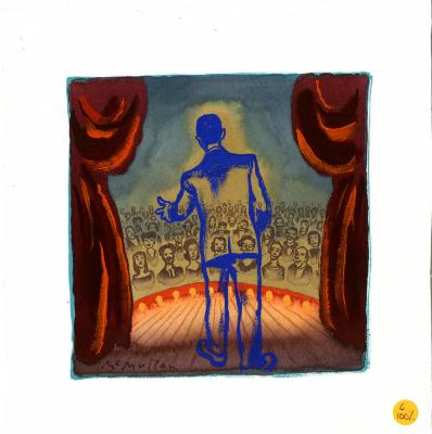 Original Art depicts: The back view of a see-through man on a stage framed by red curtains as he addresses a crowd in front of him.