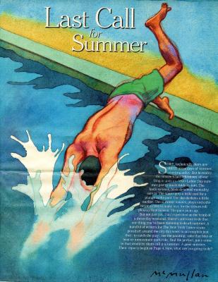 Clippings/Tearsheets depicts: Man in bathing shorts and a swim cap  kicks off the rim and dives head first into a pool.
