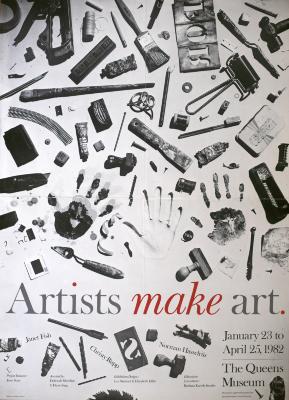 Posters depicts: Large variety of artist's tools spread out across a white background  
