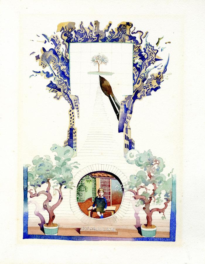 Original Art depicts: Illustration of two shrubs framing a circular cutout of a boy standing in a living room. Above it is buildings painted in the shape of a tree with a giant paintbrush painting a tree in a square cutout in the center.