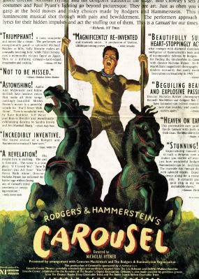 Advertisements depicts: A yelling man stands on the backs of two carousel horses with each hand grabbing onto the poles of the horses.