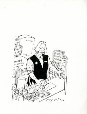 Original Art depicts: Contour drawing of a  three-quarters view of a supermarket cashier scanning various grocery items. She has medium length hair and hoop earrings and the only thing that is colored in the drawing is her vest, which is a dull green.