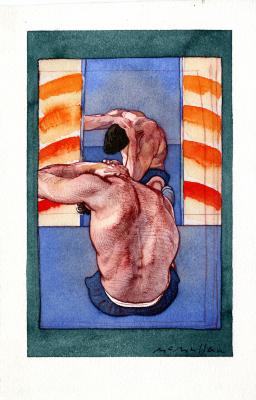 Original Art depicts: Illustration of a the back view of man sitting in front of a mirror doing sit-ups with his hands on his neck.
