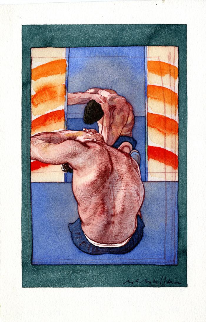 Original Art depicts: Illustration of a the back view of man sitting in front of a mirror doing sit-ups with his hands on his neck.