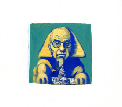Original Art depicts: Yellow and blue illustration of Alan Greenspan's face on a sphinx looming over the US capital.