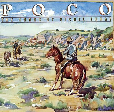 Album Covers depicts: Illustration of a cowboy in the plains on a horse watching as another cowboy on a horse ropes a cow in the distance.