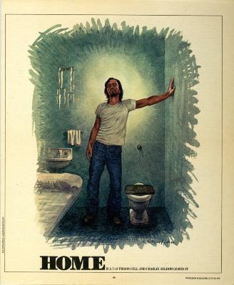 Serial Publications depicts: Charles Manson in a white t-shirt and jeans leans on the wall his blue prison cell. He is standing between the cot and the toilet.